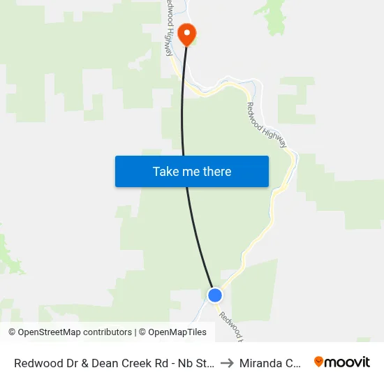 Redwood Dr & Dean Creek Rd - Nb Stop (Resort) to Miranda CA USA map