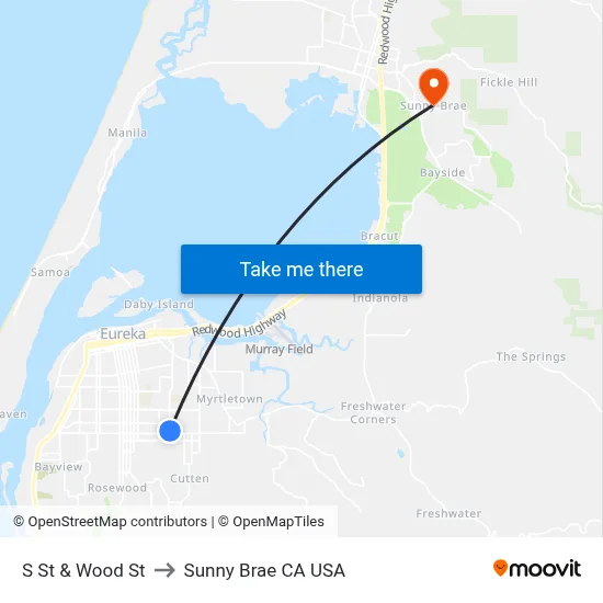 S St & Wood St to Sunny Brae CA USA map