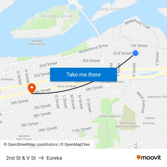 2nd St & V St to Eureka map