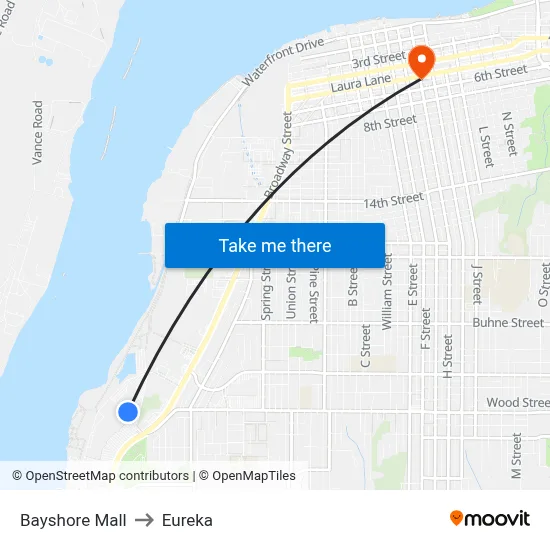 Bayshore Mall to Eureka map