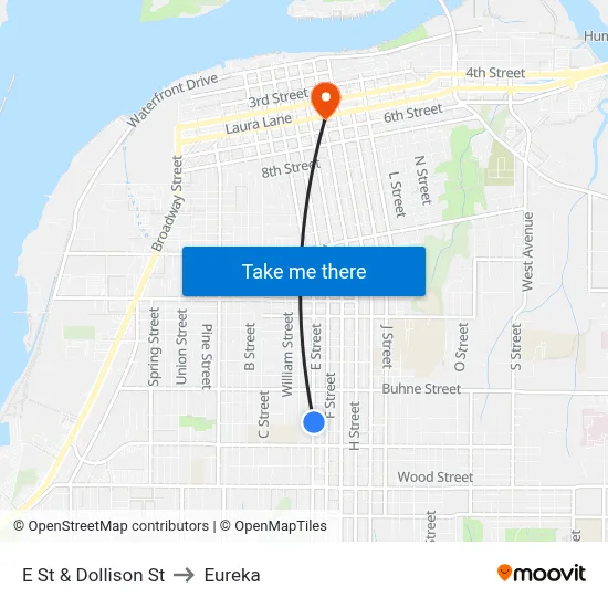 E St & Dollison St to Eureka map