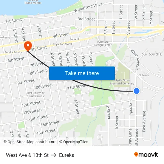 West Ave & 13th St to Eureka map