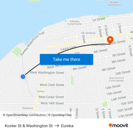 Koster St & Washington St to Eureka map