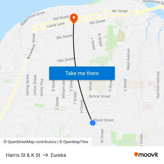 Harris St & K St to Eureka map