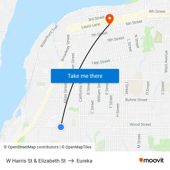 W Harris St & Elizabeth St to Eureka map