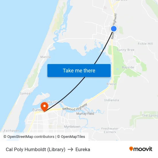 Cal Poly Humboldt (Library) to Eureka map