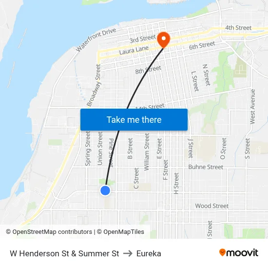W Henderson St & Summer St to Eureka map