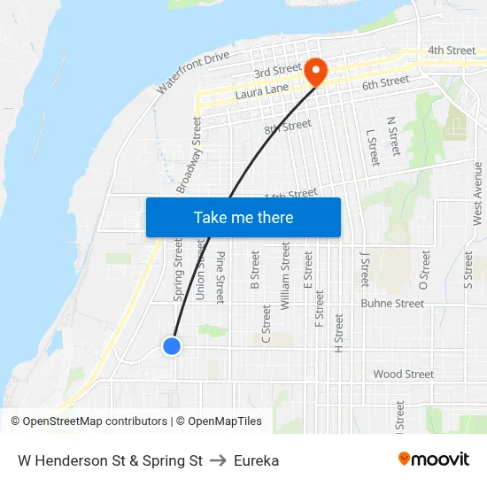 W Henderson St & Spring St to Eureka map