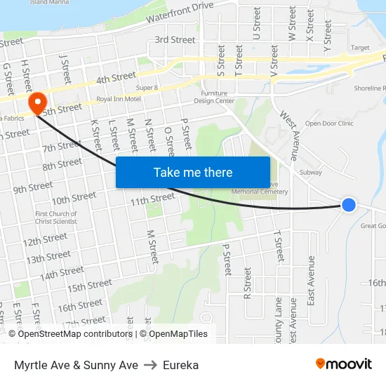 Myrtle Ave & Sunny Ave to Eureka map