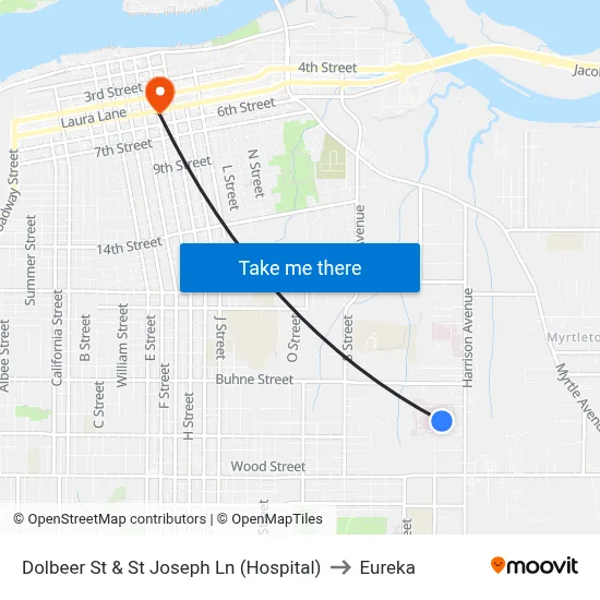 Dolbeer St & St Joseph Ln (Hospital) to Eureka map