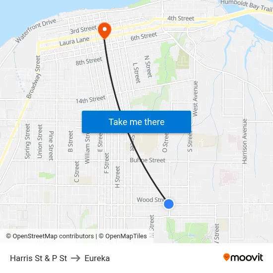 Harris St & P St to Eureka map