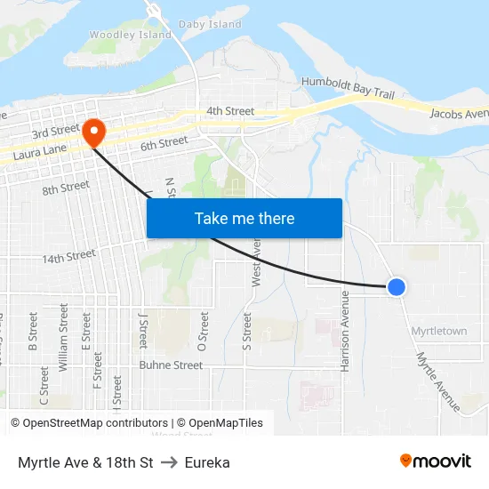 Myrtle Ave & 18th St to Eureka map