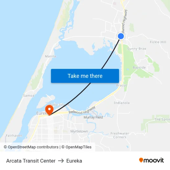 Arcata Transit Center to Eureka map
