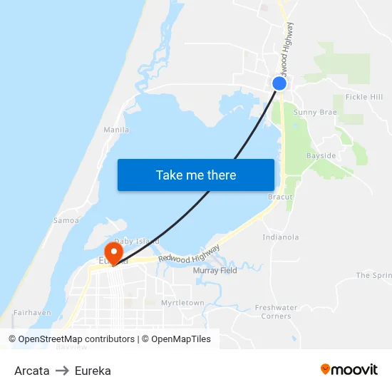 Arcata to Eureka map