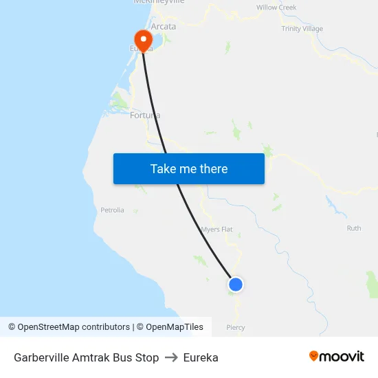 Garberville Amtrak Bus Stop to Eureka map