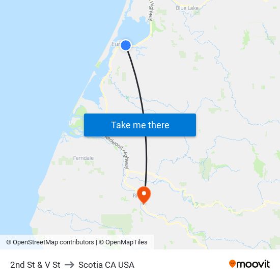 2nd St & V St to Scotia CA USA map