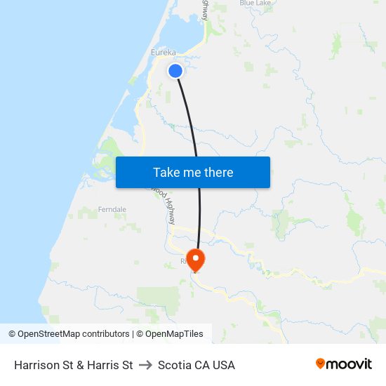 Harrison St & Harris St to Scotia CA USA map