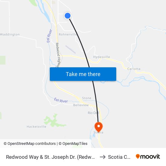 Redwood Way & St. Joseph Dr. (Redwood Memorial) to Scotia CA USA map