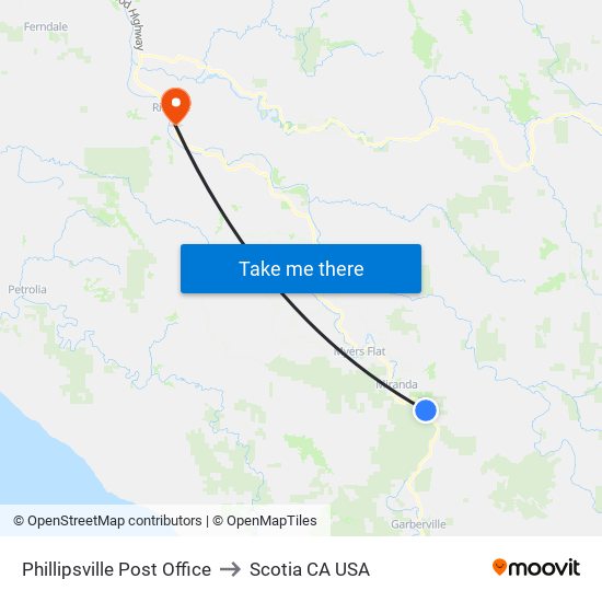 Phillipsville Post Office to Scotia CA USA map