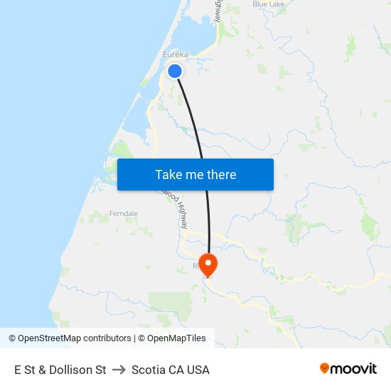 E St & Dollison St to Scotia CA USA map