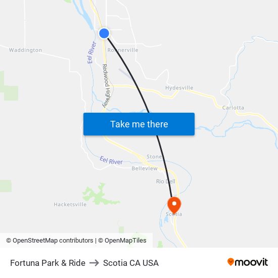 Fortuna Park & Ride to Scotia CA USA map