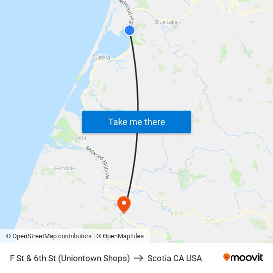 F St & 6th St (Uniontown Shops) to Scotia CA USA map