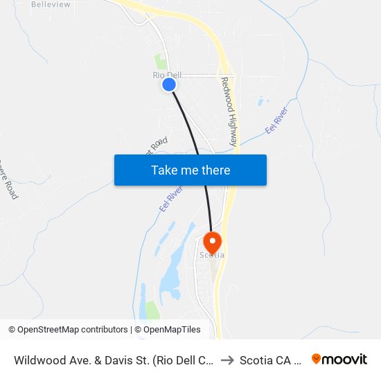 Wildwood Ave. & Davis St. (Rio Dell City Hall) to Scotia CA USA map