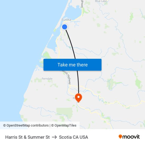 Harris St & Summer St to Scotia CA USA map