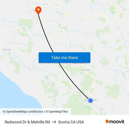 Redwood Dr & Melville Rd to Scotia CA USA map