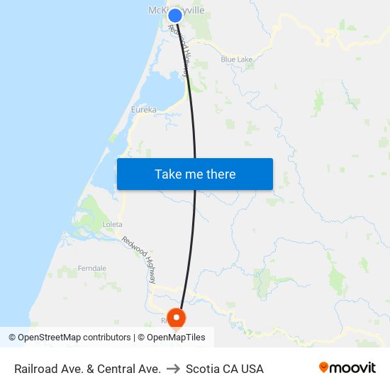 Railroad Ave. & Central Ave. to Scotia CA USA map