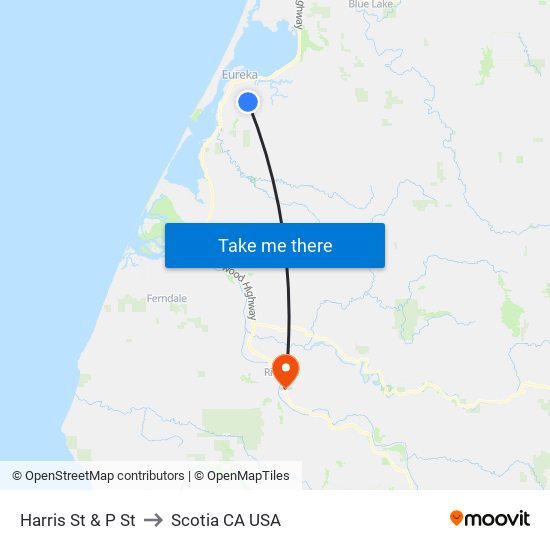 Harris St & P St to Scotia CA USA map