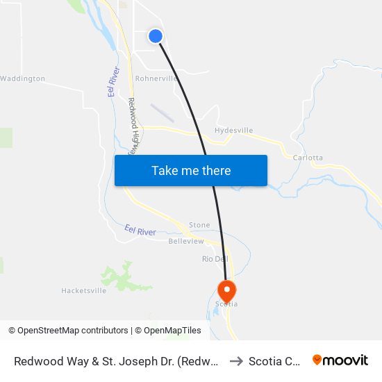 Redwood Way & St. Joseph Dr. (Redwood Memorial) to Scotia CA USA map