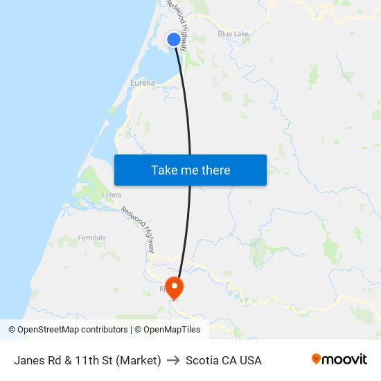 Janes Rd & 11th St (Market) to Scotia CA USA map