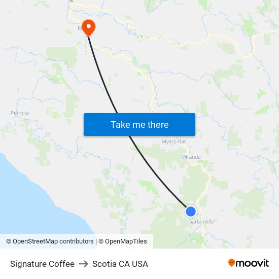 Signature Coffee to Scotia CA USA map