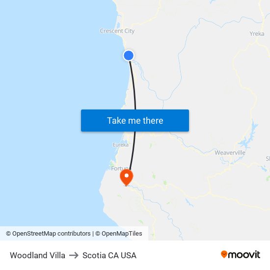 Woodland Villa to Scotia CA USA map