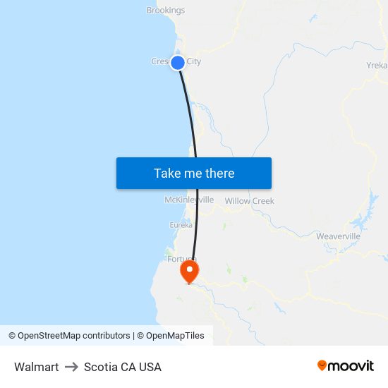 Walmart to Scotia CA USA map