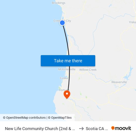 New Life Community Church (2nd & D Street) to Scotia CA USA map