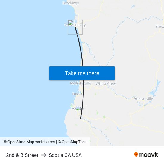 2nd & B Street to Scotia CA USA map