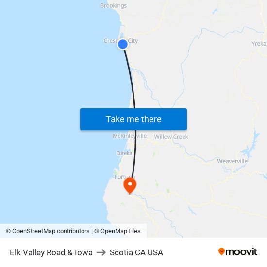 Elk Valley Road & Iowa to Scotia CA USA map