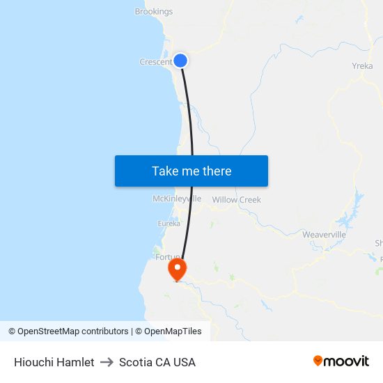 Hiouchi Hamlet to Scotia CA USA map