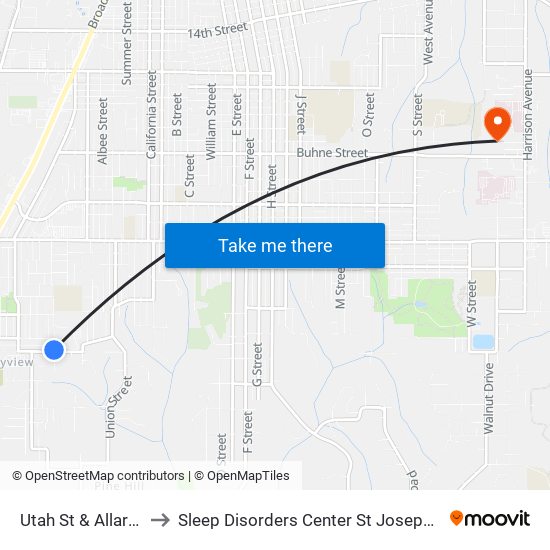 Utah St & Allard Ave to Sleep Disorders Center St Joseph Hospital map