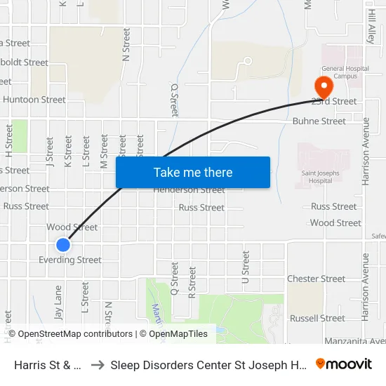 Harris St & K St to Sleep Disorders Center St Joseph Hospital map