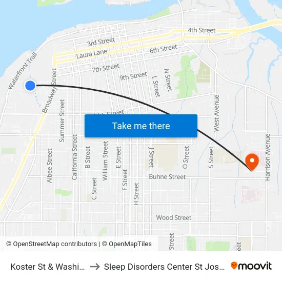 Koster St & Washington St to Sleep Disorders Center St Joseph Hospital map