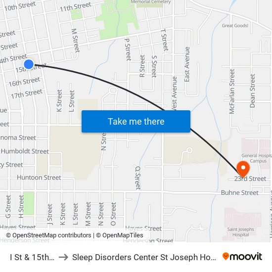 I St & 15th St to Sleep Disorders Center St Joseph Hospital map