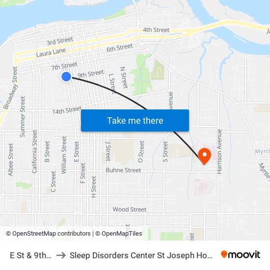 E St & 9th St to Sleep Disorders Center St Joseph Hospital map