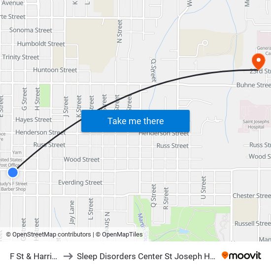 F St & Harris St to Sleep Disorders Center St Joseph Hospital map