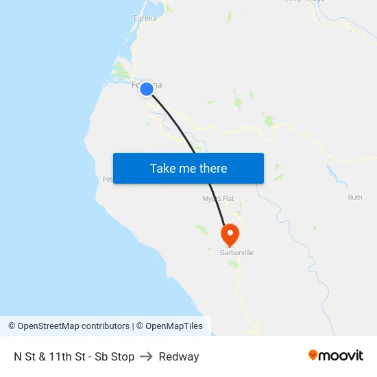 N St & 11th St - Sb Stop to Redway map