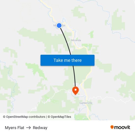 Myers Flat to Redway map