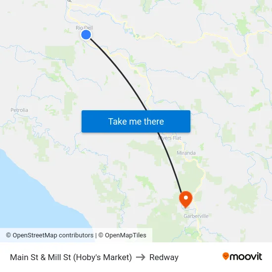 Main St & Mill St (Hoby's Market) to Redway map