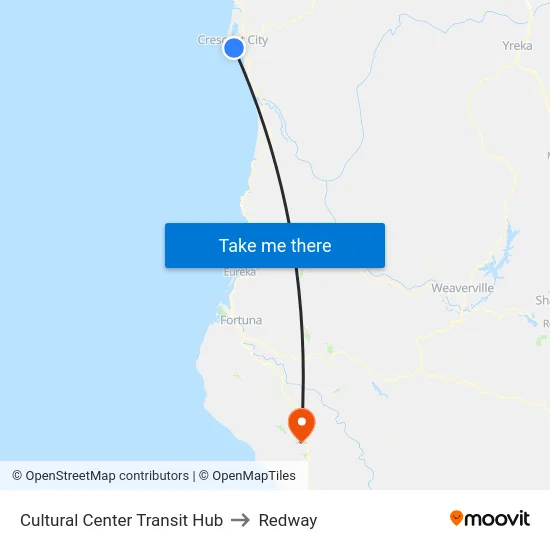 Cultural Center Transit Hub to Redway map